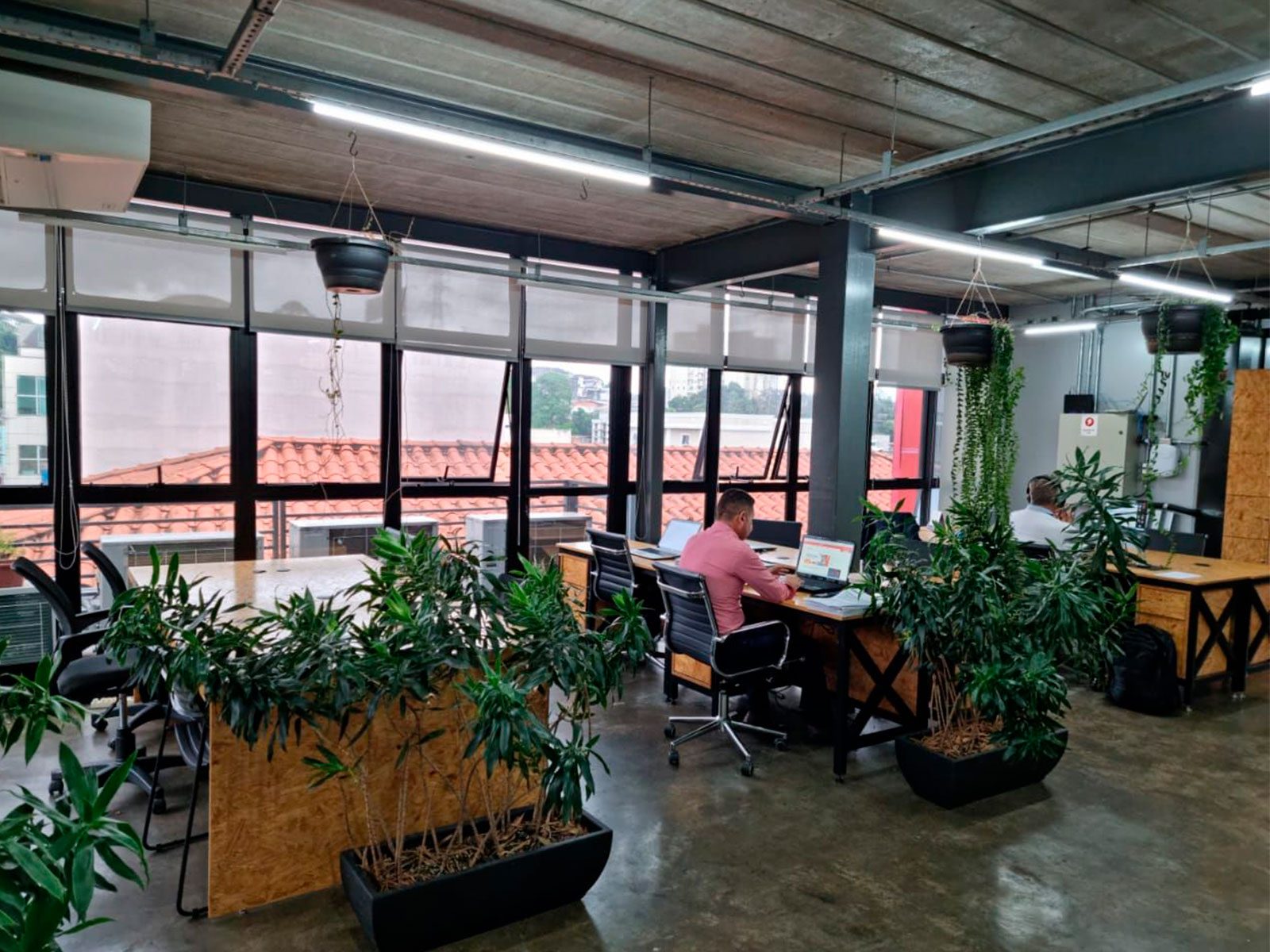 Salão do coworking com mesas compartilhadas, profissionais trabalhando, plantas e janelas amplas